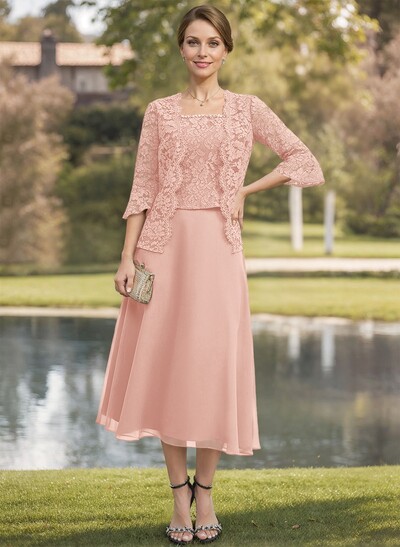 Elegant Lace Square Neckline Chiffon Mother Of The Bride Dresses With Jacket
