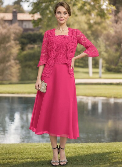 Elegant Lace Square Neckline Chiffon Mother Of The Bride Dresses With Jacket