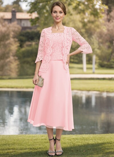 Elegant Lace Square Neckline Chiffon Mother Of The Bride Dresses With Jacket