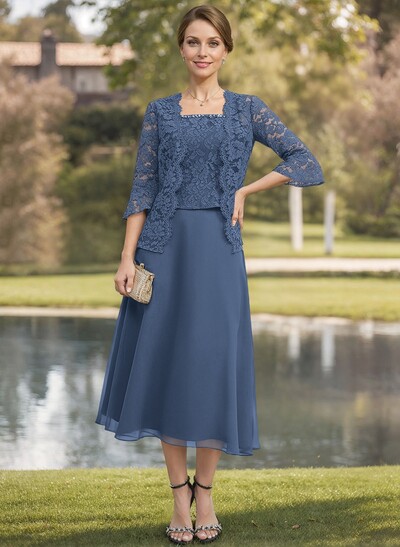 Elegant Lace Square Neckline Chiffon Mother Of The Bride Dresses With Jacket