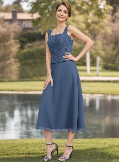 Elegant Lace Square Neckline Chiffon Mother Of The Bride Dresses With Jacket