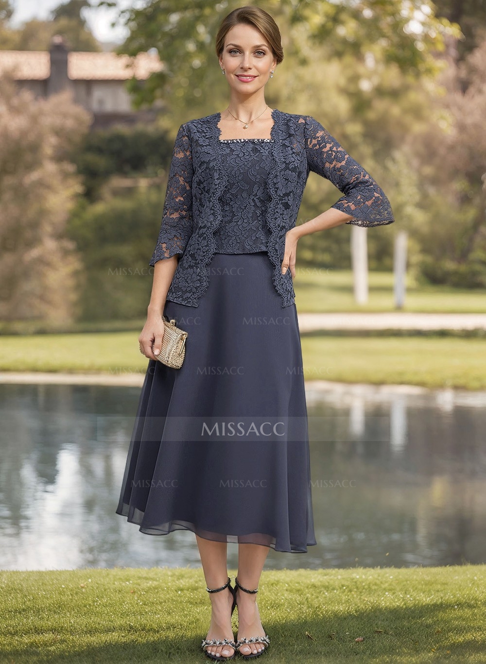 Elegant Lace Square Neckline Chiffon Mother Of The Bride Dresses With Jacket