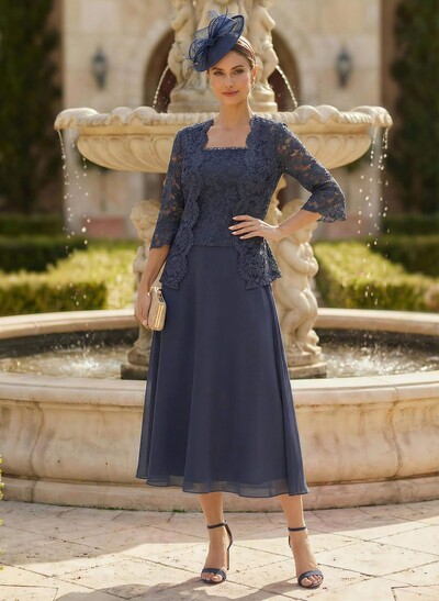 Elegant Lace Square Neckline Chiffon Mother Of The Bride Dresses With Jacket