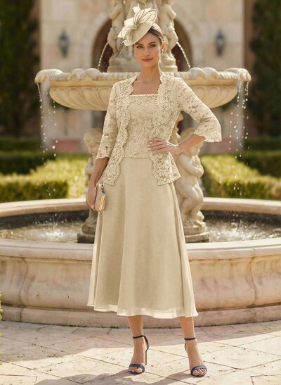 Elegant Lace Square Neckline Chiffon Mother Of The Bride Dresses With Jacket