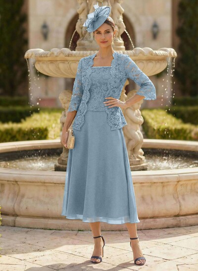 Elegant Lace Square Neckline Chiffon Mother Of The Bride Dresses With Jacket