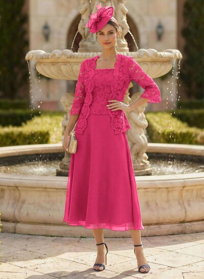 Elegant Lace Square Neckline Chiffon Mother Of The Bride Dresses With Jacket