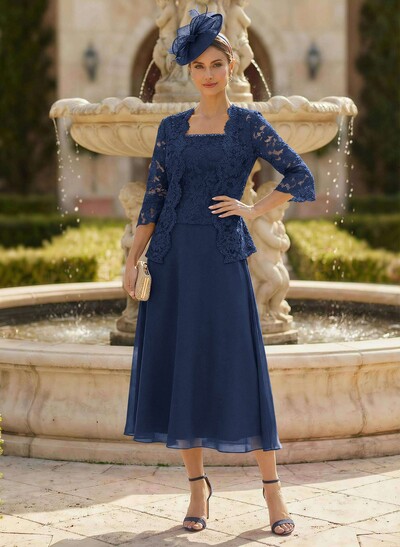 Elegant Lace Square Neckline Chiffon Mother Of The Bride Dresses With Jacket