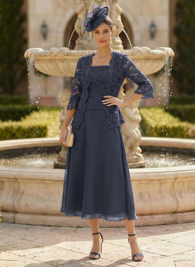Elegant Lace Square Neckline Chiffon Mother Of The Bride Dresses With Jacket