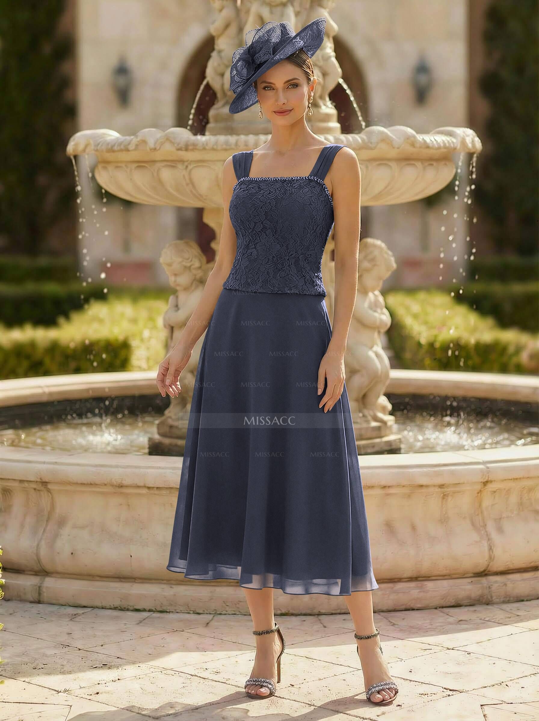 Elegant Lace Square Neckline Chiffon Mother Of The Bride Dresses With Jacket