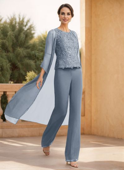 Classic Lace Pantsuit Floor-Length Chiffon Mother Of The Bride Dresses With Jacket