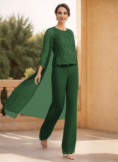 Classic Lace Pantsuit Floor-Length Chiffon Mother Of The Bride Dresses With Jacket