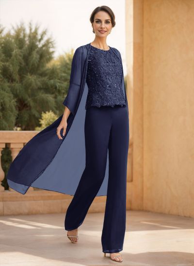 Classic Lace Pantsuit Floor-Length Chiffon Mother Of The Bride Dresses With Jacket