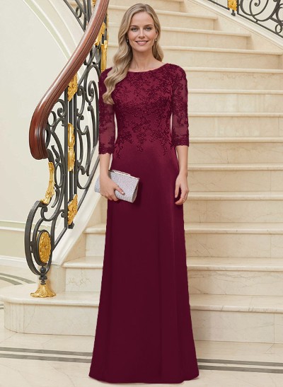 Sheath/Column Scoop Neck 3/4 Sleeves Silk Like Satin Mother Of The Bride Dresses With Lace