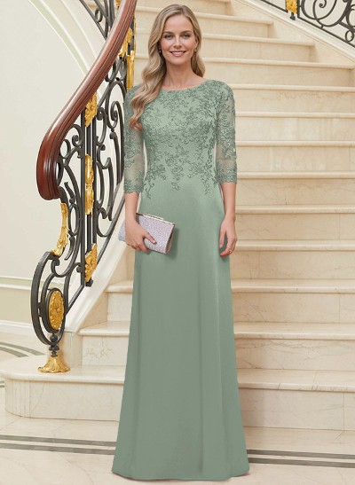 Sheath/Column Scoop Neck 3/4 Sleeves Silk Like Satin Mother Of The Bride Dresses With Lace