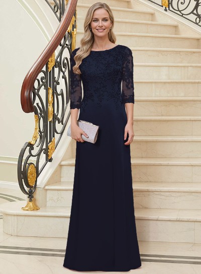 Sheath/Column Scoop Neck 3/4 Sleeves Silk Like Satin Mother Of The Bride Dresses With Lace