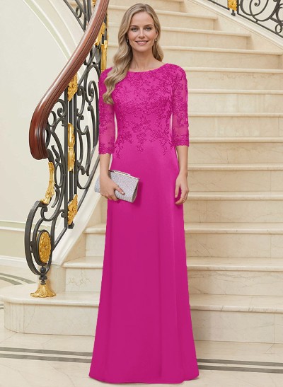 Sheath/Column Scoop Neck 3/4 Sleeves Silk Like Satin Mother Of The Bride Dresses With Lace