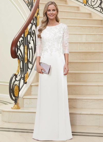 Sheath/Column Scoop Neck 3/4 Sleeves Silk Like Satin Mother Of The Bride Dresses With Lace