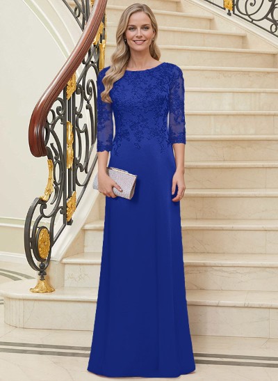 Sheath/Column Scoop Neck 3/4 Sleeves Silk Like Satin Mother Of The Bride Dresses With Lace