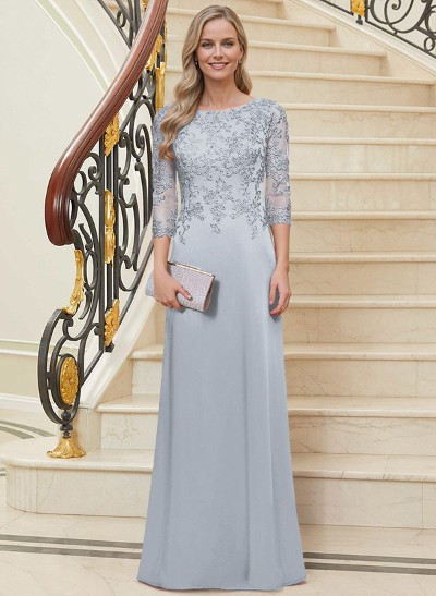 Sheath/Column Scoop Neck 3/4 Sleeves Silk Like Satin Mother Of The Bride Dresses With Lace