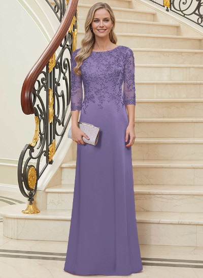 Sheath/Column Scoop Neck 3/4 Sleeves Silk Like Satin Mother Of The Bride Dresses With Lace