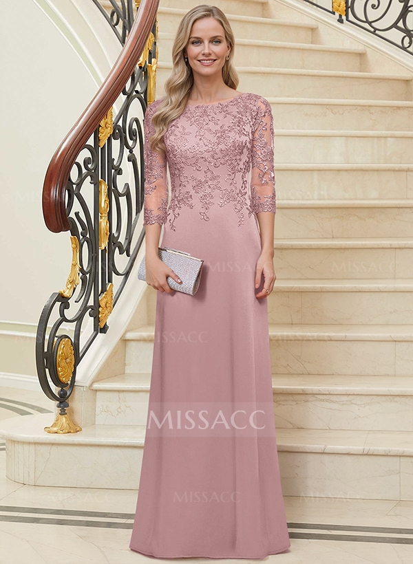 Sheath/Column Scoop Neck 3/4 Sleeves Silk Like Satin Mother Of The Bride Dresses With Lace