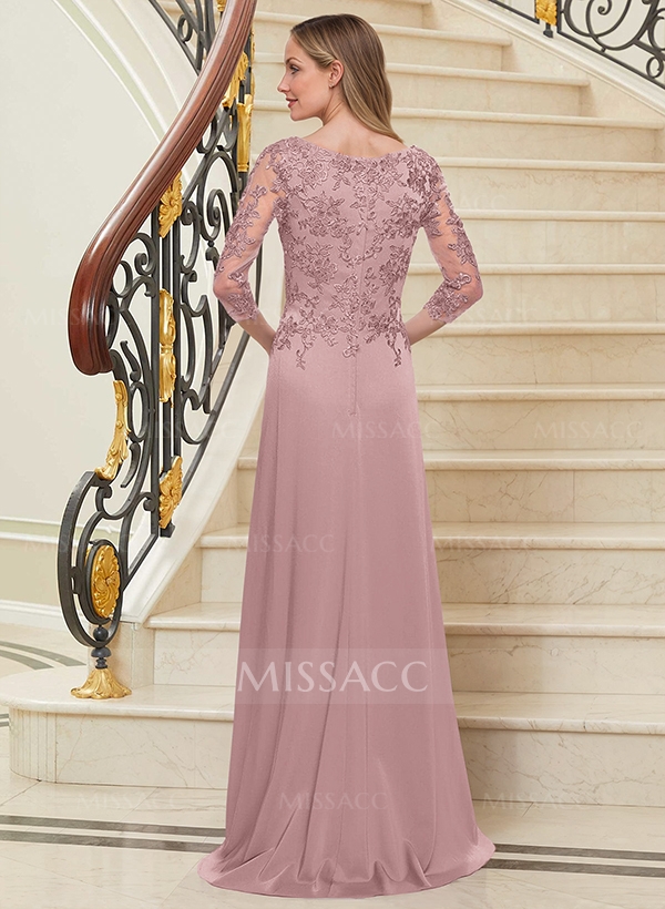 Sheath/Column Scoop Neck 3/4 Sleeves Silk Like Satin Mother Of The Bride Dresses With Lace