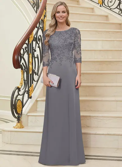 Scoop Neck Long Sleeves Floor-Length Mother Of The Bride Dresses With Lace - Missacc Scoop Neck Long Sleeves Floor-Length Mother Of The Bride Dresses With Lace - Missacc