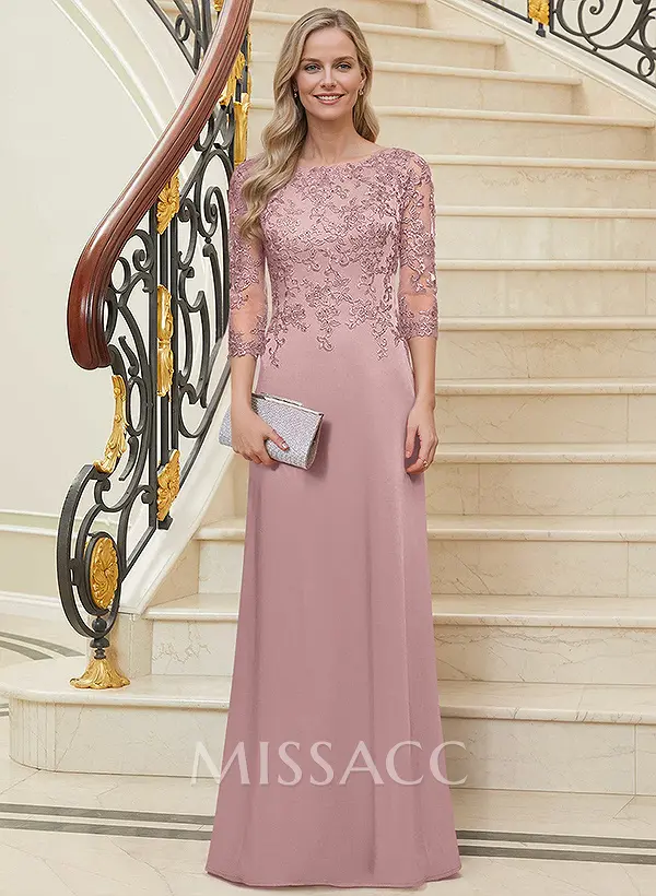 Missacc Rose Gold Mother Of The Bride Dresses Scoop Neck Long Sleeves Floor-Length Mother Of The Bride Dresses With Lace