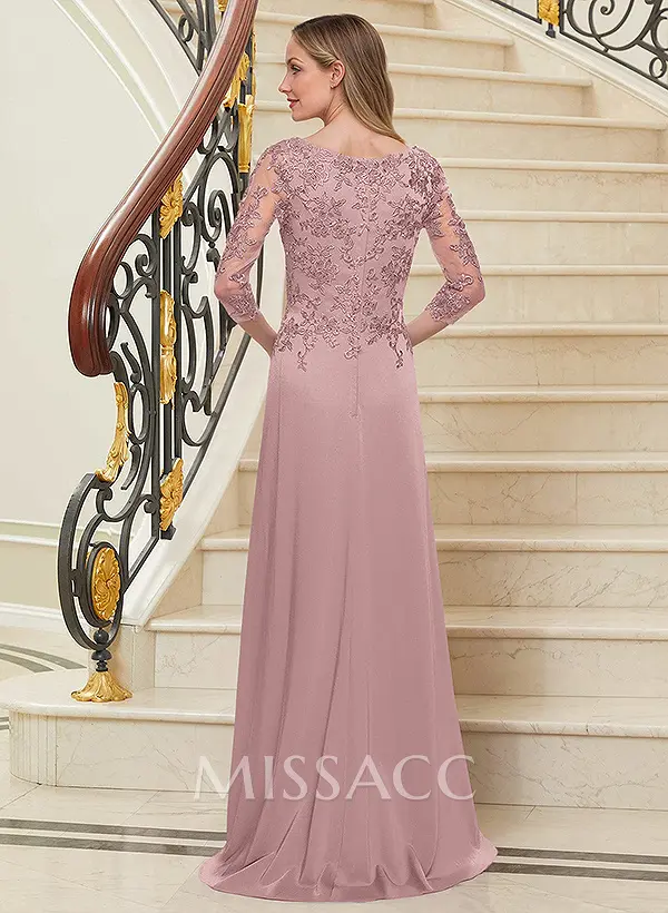Missacc Rose Gold Mother Of The Bride Dresses Scoop Neck Long Sleeves Floor-Length Mother Of The Bride Dresses With Lace