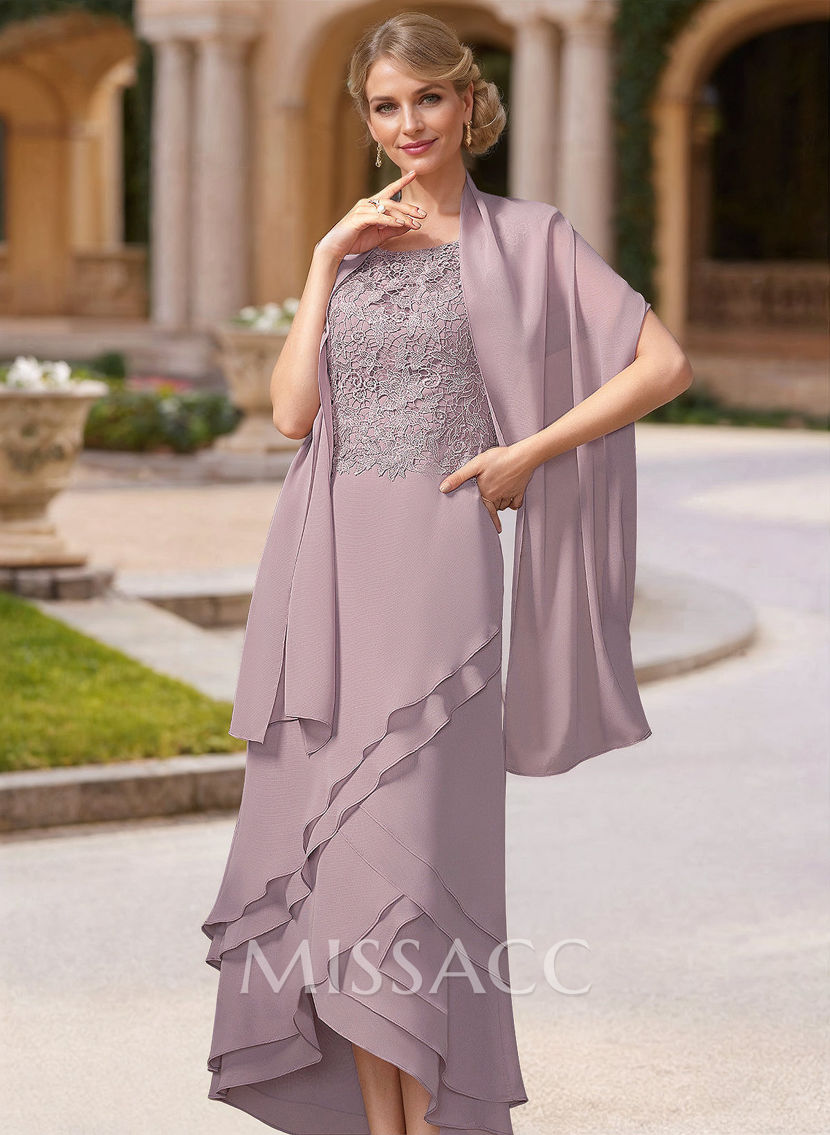 Vintage Inspired Scoop Neck Tiered Skirt Mother Of The Bride Dresses With Convertible Shawl