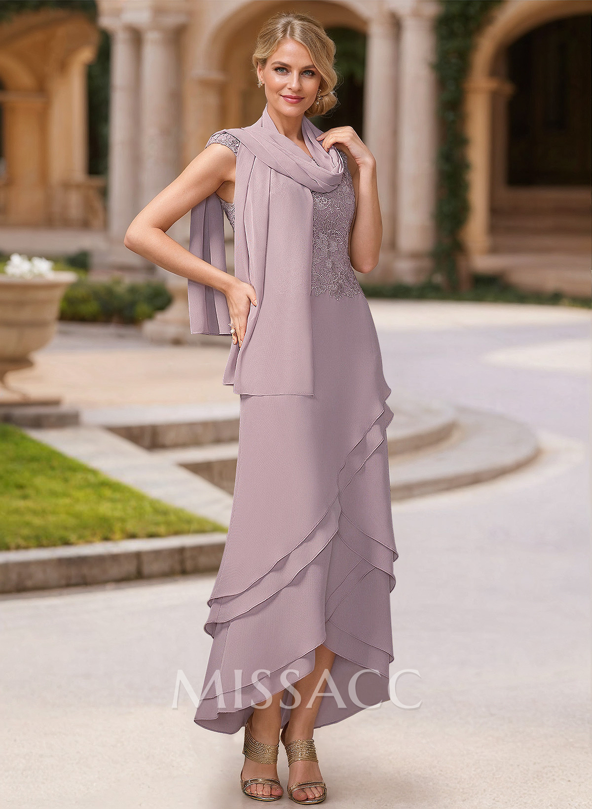 Vintage Inspired Scoop Neck Tiered Skirt Mother Of The Bride Dresses With Convertible Shawl