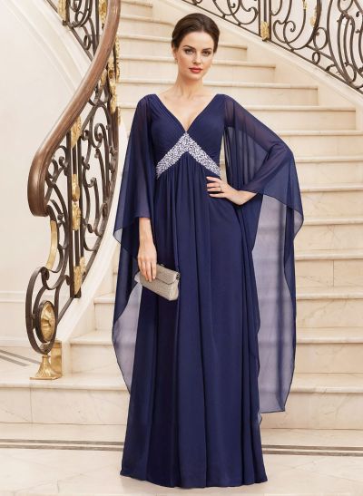 Modest Plunge Neck Bejeweled Waist Mother Of The Bride Dresses With Bell Sleeves