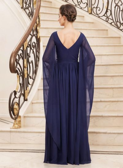 Modest Plunge Neck Bejeweled Waist Mother Of The Bride Dresses With Bell Sleeves