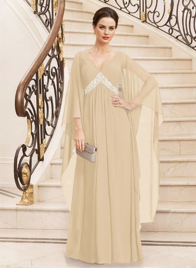 A-Line V-Neck Long Sleeves Floor-Length Chiffon Mother Of The Bride Dresses