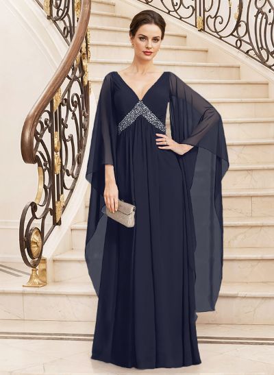 Modest Plunge Neck Bejeweled Waist Mother Of The Bride Dresses With Bell Sleeves