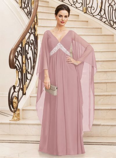 A-Line V-Neck Long Sleeves Floor-Length Chiffon Mother Of The Bride Dresses