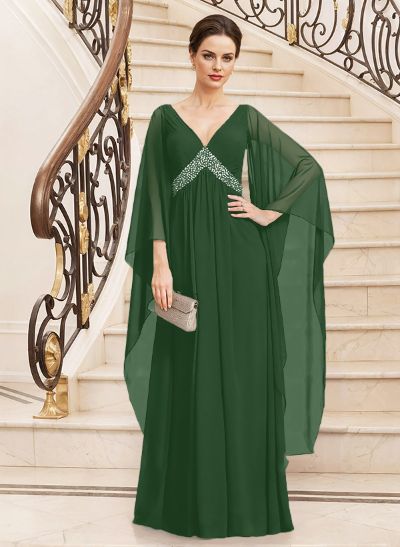 Modest Plunge Neck Bejeweled Waist Mother Of The Bride Dresses With Bell Sleeves