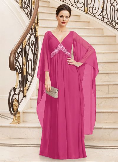 A-Line V-Neck Long Sleeves Floor-Length Chiffon Mother Of The Bride Dresses