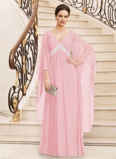 Modest Plunge Neck Bejeweled Waist Mother Of The Bride Dresses With Bell Sleeves