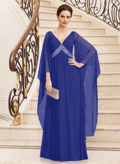 A-Line V-Neck Long Sleeves Floor-Length Chiffon Mother Of The Bride Dresses