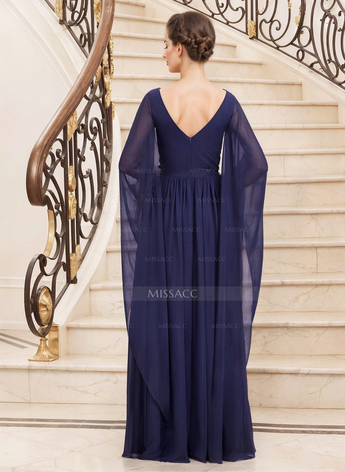 A-Line V-Neck Long Sleeves Floor-Length Chiffon Mother Of The Bride Dresses