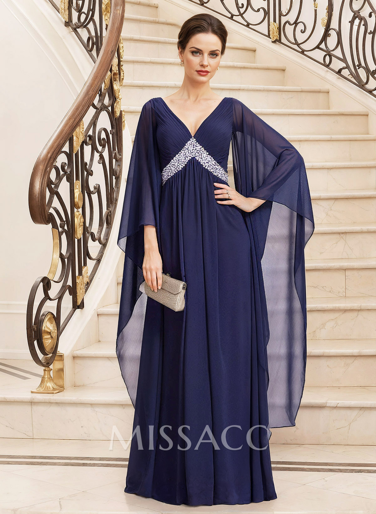 Modest Plunge Neck Bejeweled Waist Mother Of The Bride Dresses With Bell Sleeves