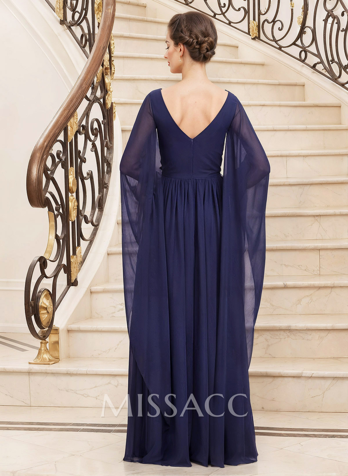 Modest Plunge Neck Bejeweled Waist Mother Of The Bride Dresses With Bell Sleeves