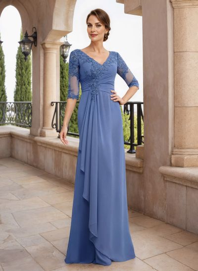 Sheath/Column V-Neck Chiffon Mother Of The Bride Dresses With Appliques Lace