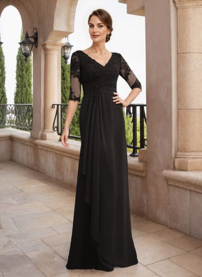 Sheath/Column V-Neck Chiffon Mother Of The Bride Dresses With Appliques Lace