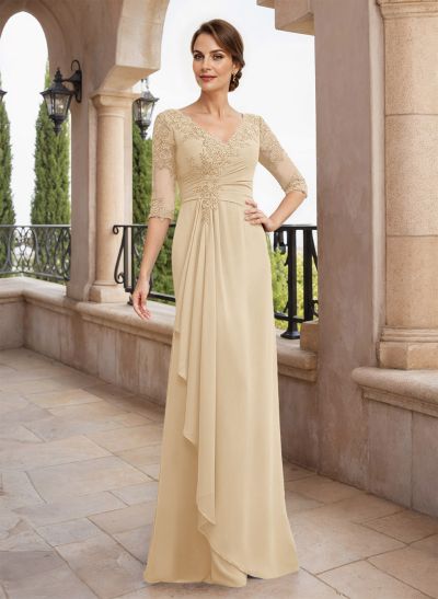 Sheath/Column V-Neck Chiffon Mother Of The Bride Dresses With Appliques Lace