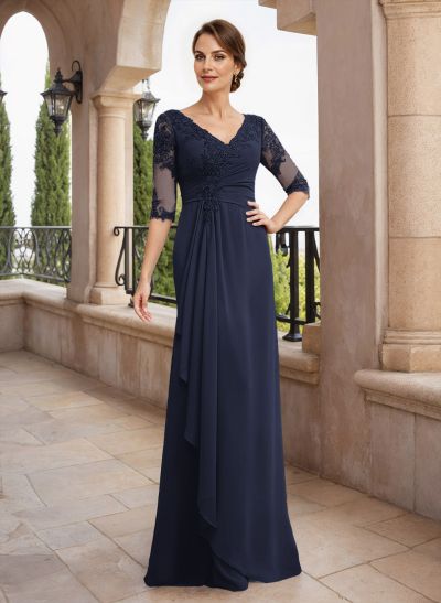 Sheath/Column V-Neck Chiffon Mother Of The Bride Dresses With Appliques Lace