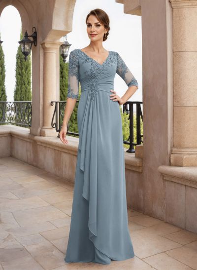 V-Neck Semi Sheer Illusion Long Sleeves Mother Of The Bride Dresses With Appliques Lace
