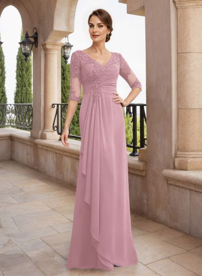 Sheath/Column V-Neck Chiffon Mother Of The Bride Dresses With Appliques Lace