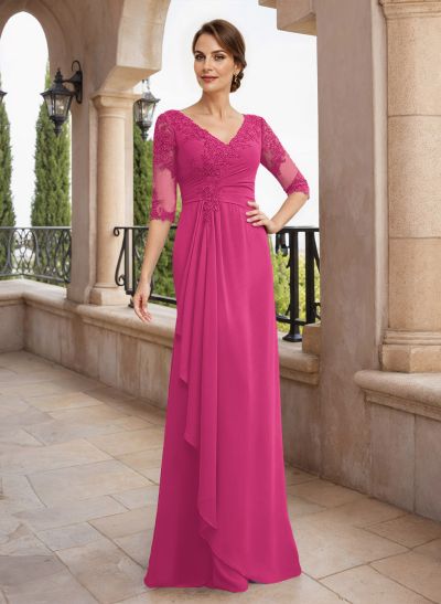 Sheath/Column V-Neck Chiffon Mother Of The Bride Dresses With Appliques Lace